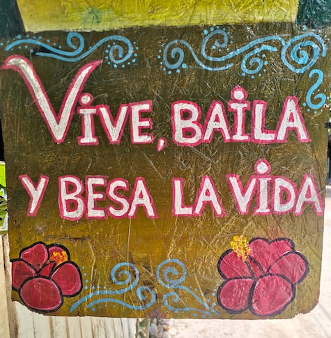 A wooden sign saying 'VIVE, BAILA Y BESA LA VIDA'